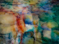 a colorful painting of rocks and water